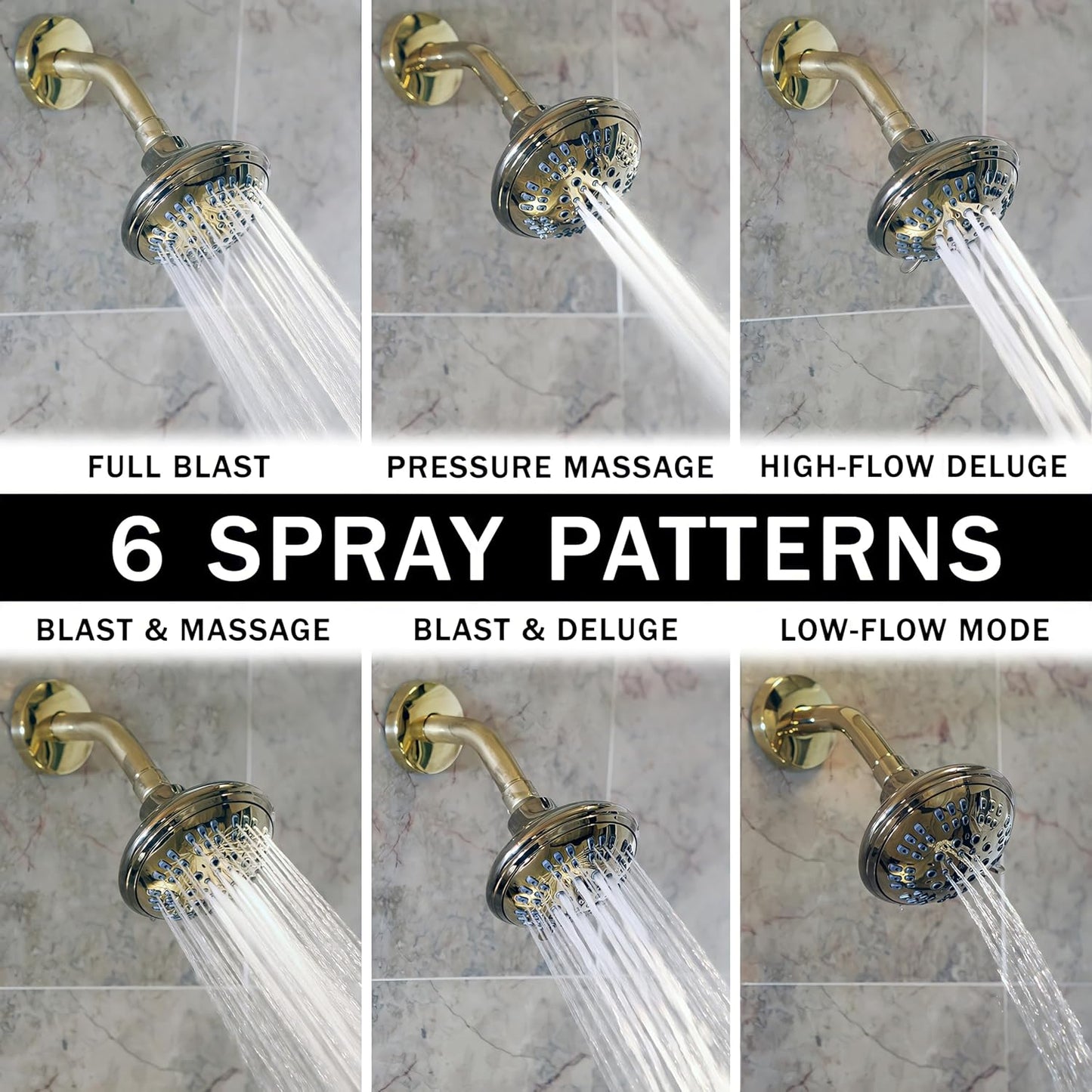 6 Function Luxury Shower Head - High Pressure Boosting, Adjustable Wall Mount, Bathroom Showerhead with Anti-Clog Nozzles for Low Flow Showers - 2.5 GPM - Polished Brass