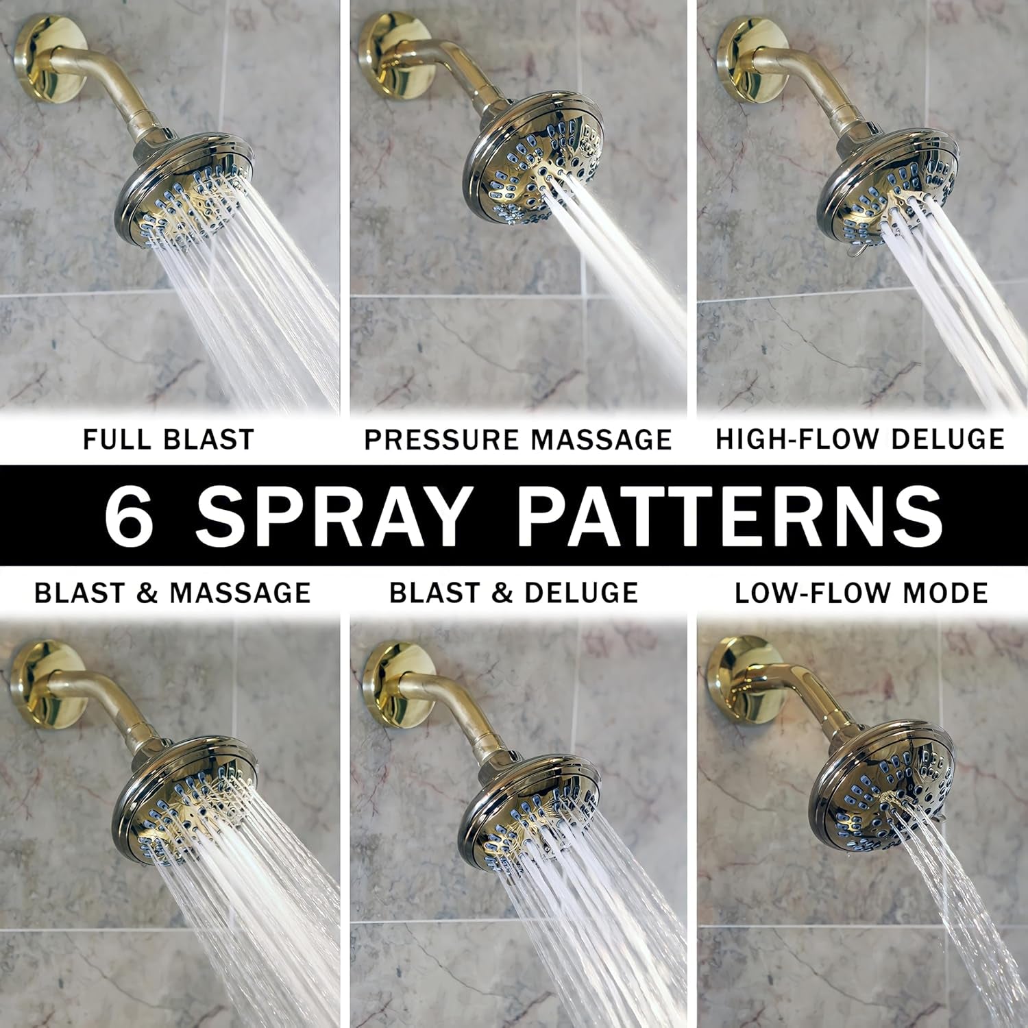 6 Function Luxury Shower Head - High Pressure Boosting, Adjustable Wall Mount, Bathroom Showerhead with Anti-Clog Nozzles for Low Flow Showers - 2.5 GPM - Polished Brass
