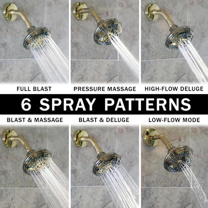 6 Function Luxury Shower Head - High Pressure Boosting, Adjustable Wall Mount, Bathroom Showerhead with Anti-Clog Nozzles for Low Flow Showers - 2.5 GPM - Polished Brass