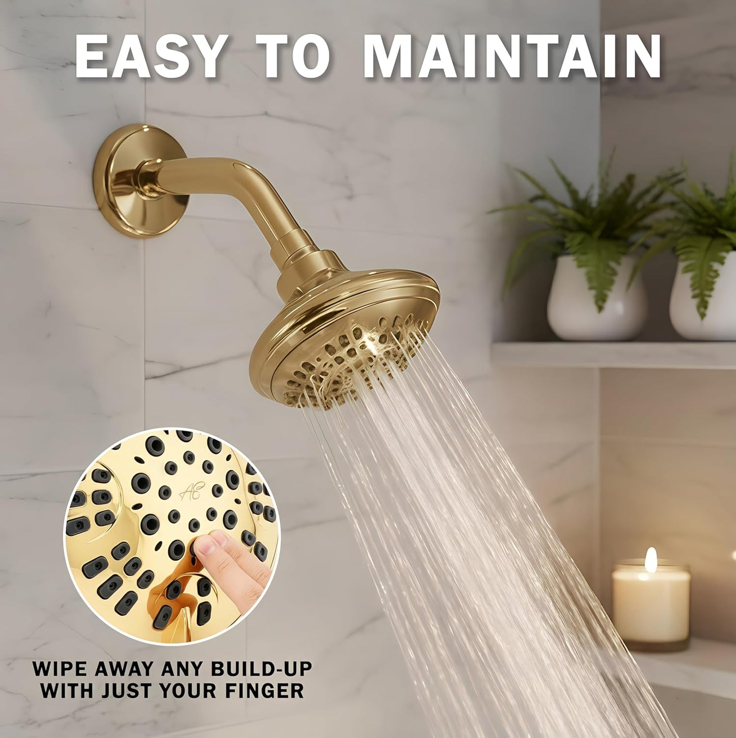 6 Function Luxury Shower Head - High Pressure Boosting, Adjustable Wall Mount, Bathroom Showerhead with Anti-Clog Nozzles for Low Flow Showers - 2.5 GPM - Polished Brass