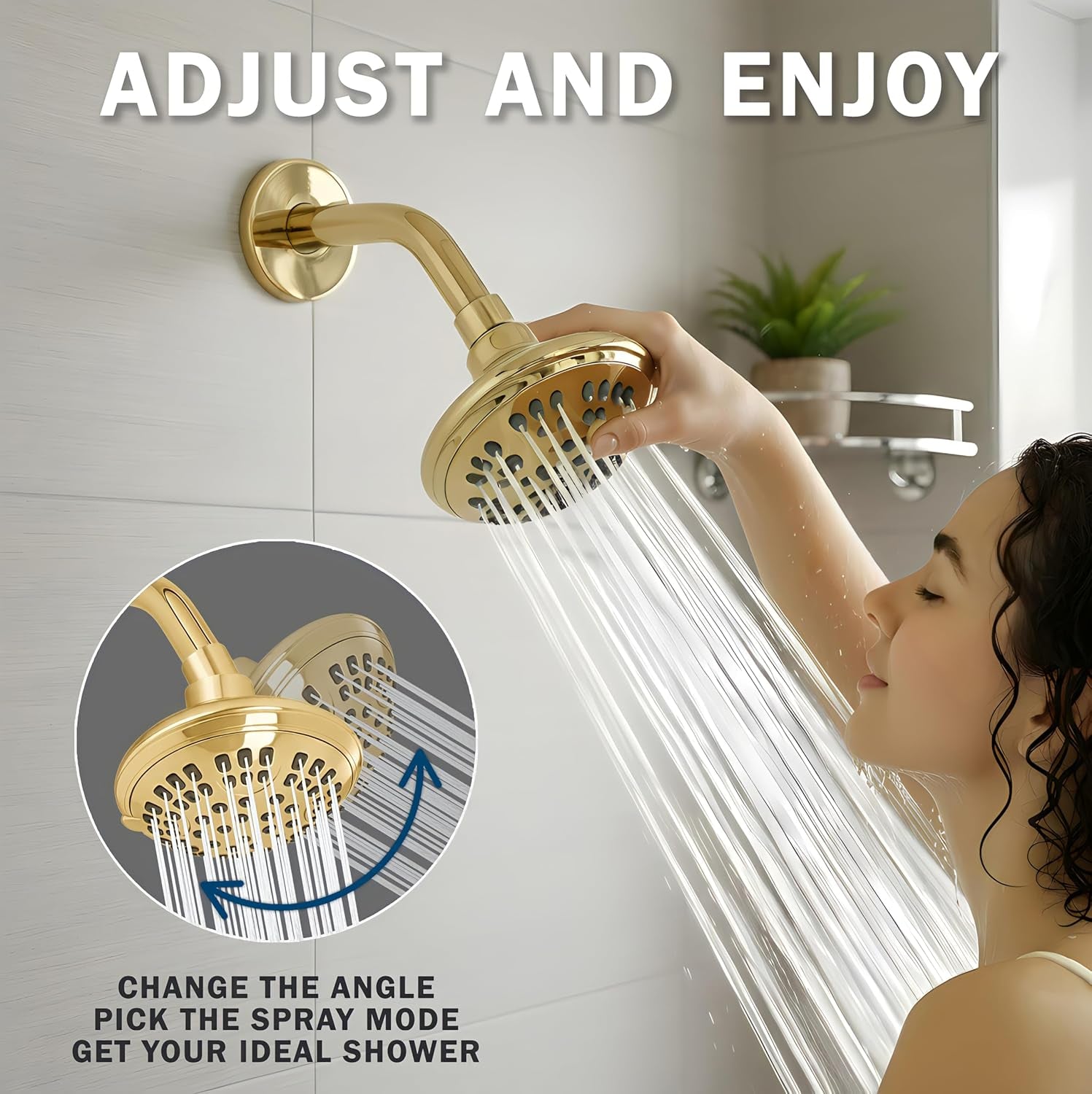 6 Function Luxury Shower Head - High Pressure Boosting, Adjustable Wall Mount, Bathroom Showerhead with Anti-Clog Nozzles for Low Flow Showers - 2.5 GPM - Polished Brass
