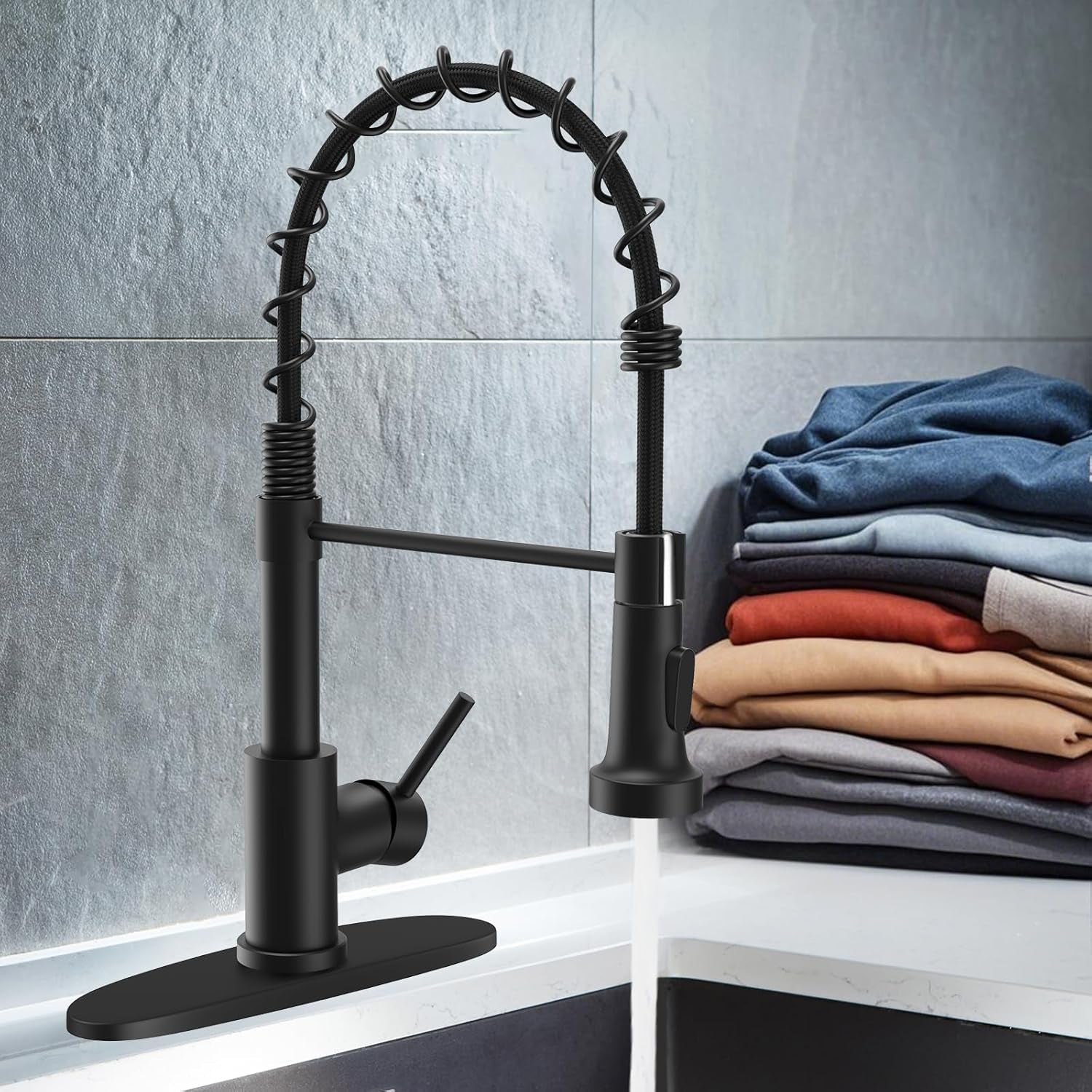 Kitchen Faucets with Pull down Sprayer Commercial Industrial Stainless Steel Single Handle Single Hole Spring Farmhouse RV Sink Faucet, Matte Black Kitchen Faucet for Laundry Utility Room Sink