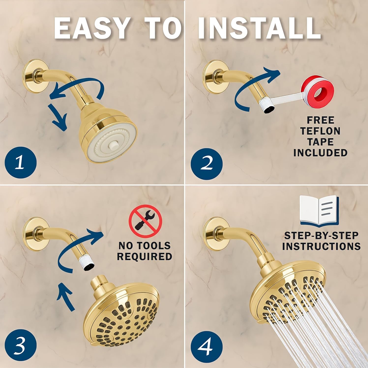 6 Function Luxury Shower Head - High Pressure Boosting, Adjustable Wall Mount, Bathroom Showerhead with Anti-Clog Nozzles for Low Flow Showers - 2.5 GPM - Polished Brass