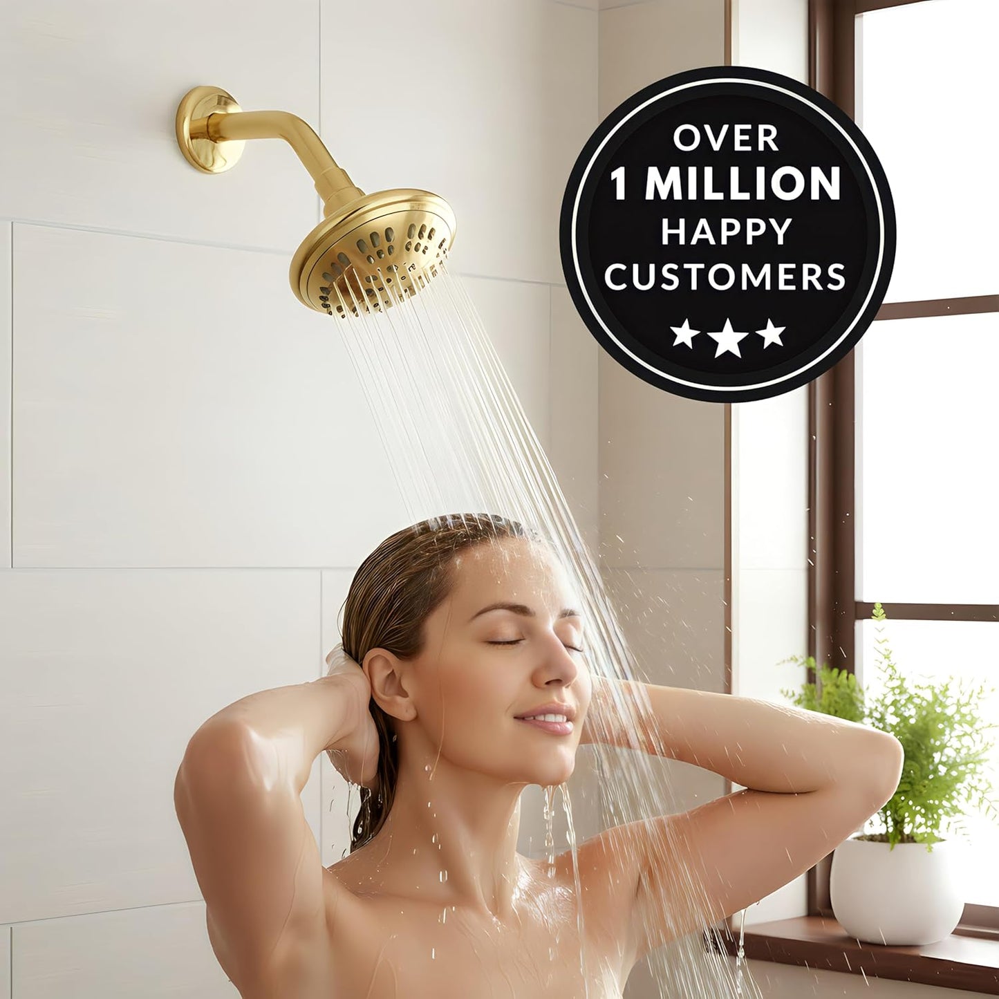 6 Function Luxury Shower Head - High Pressure Boosting, Adjustable Wall Mount, Bathroom Showerhead with Anti-Clog Nozzles for Low Flow Showers - 2.5 GPM - Polished Brass